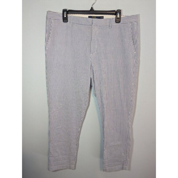 Polo Ralph Lauren Womens Blue White Striped Seersucker Nautical Ankle Pants 14 - Picture 1 of 13